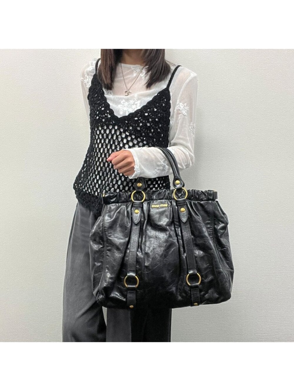 Miu Miu Logo Gather Ring Belt Design Handbag Leather Black Gold Vintage